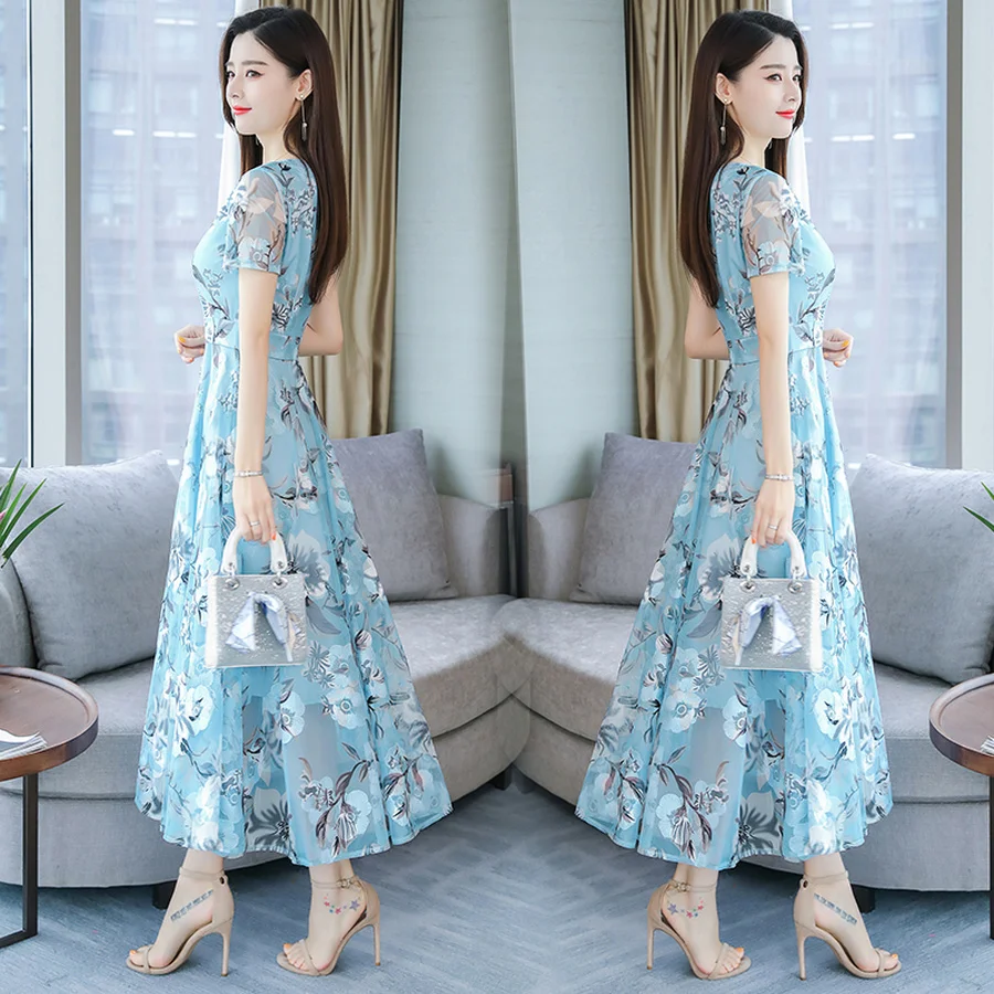 

2021 Vintage 3XL Plus Size Embroidery Chiffon Maxi Dresses Summer Print Beach Midi Sundress Women Bodycon Party Classy Vestidos