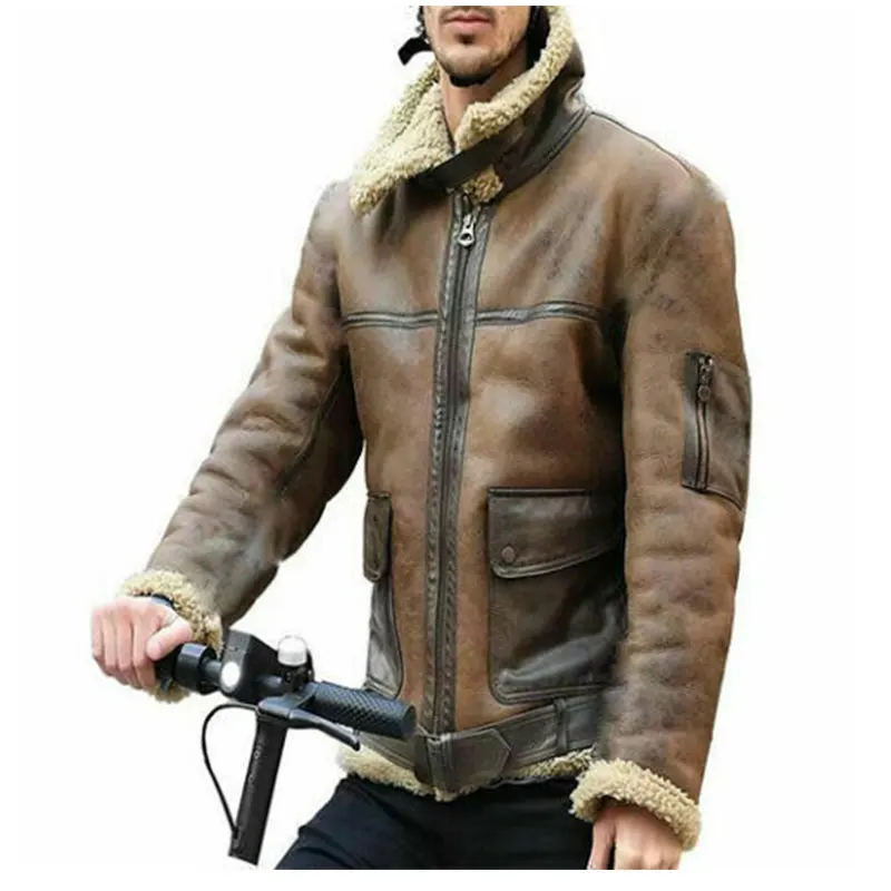 

Winter Men Lamb Wool Lined Leather Jacket Parka Outwear Coat Men Retro Fur Locomotive Jacket Zipper PU Leather Coat Warm