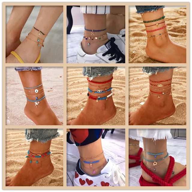 Браслеты на ногу женские в богемном стиле анклеты для ног летние пляжные