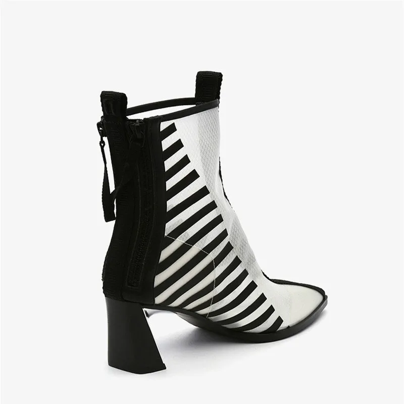 Сетчатые ботинки с острым носком Короткие женские в полоску Туфли лодочки на