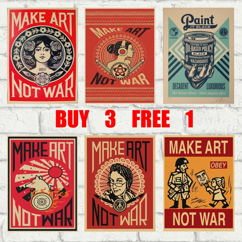 

Make Art Not War, Retro Kraft Paper Poster Bar Office Coffee Shop Home Art Wall Stickers