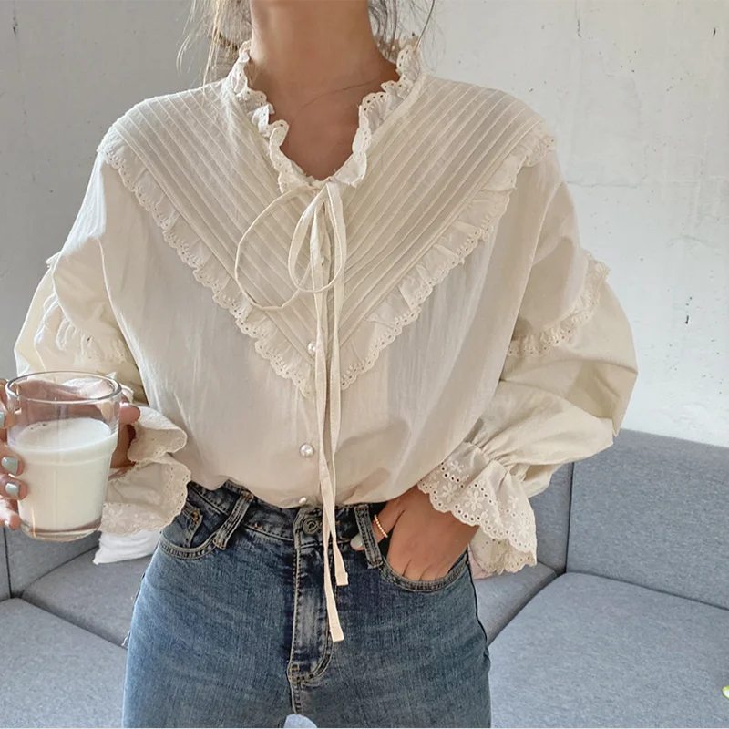 

Hollow Out Vintage Elegant Tops Women Korean Ruffles Shirt Solid Loose Summer Blouses Long Lantern Sleeve Lace Up Patchwork