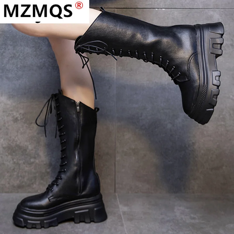 

Женские мотоциклетные ботинки, повседневные ботинки до середины икры на платформе, со шнуровкой, молнией, круглым носком и квадратным каблу...
