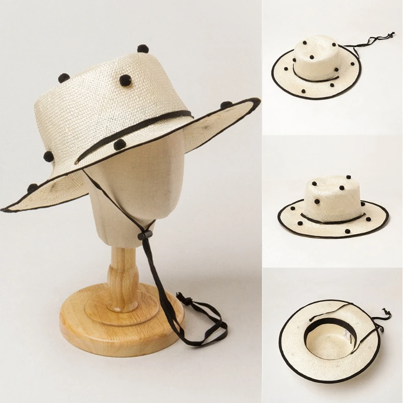 

Kids Boys Girls Summer Straw Sun Hat Cute Pompom Ball Large Wide Brim Travel Holiday Sunscreen Beach Cap with Chin Strap