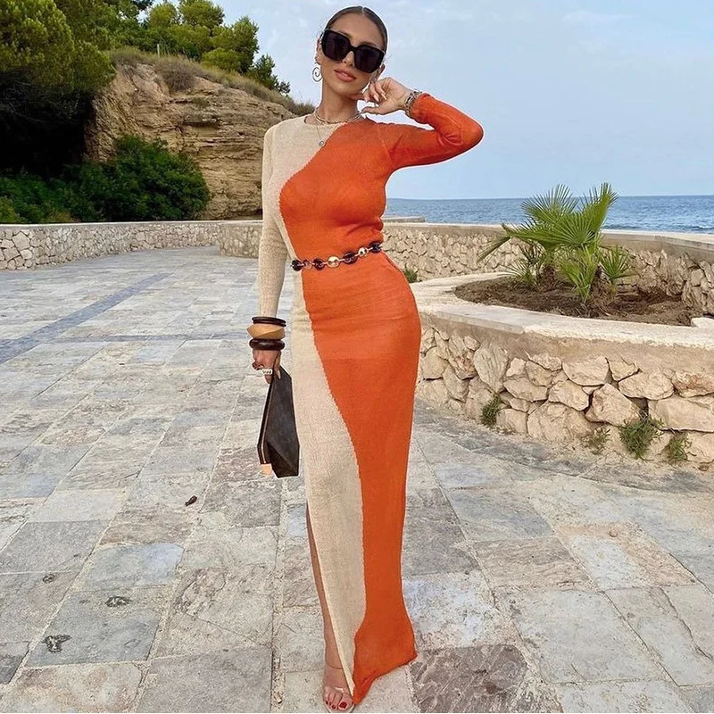 

2021 Spring and Autumn New Dress Splicing Irregular Collision Colour Long-sleeved High Waist Side Opening Slim Long Skirt