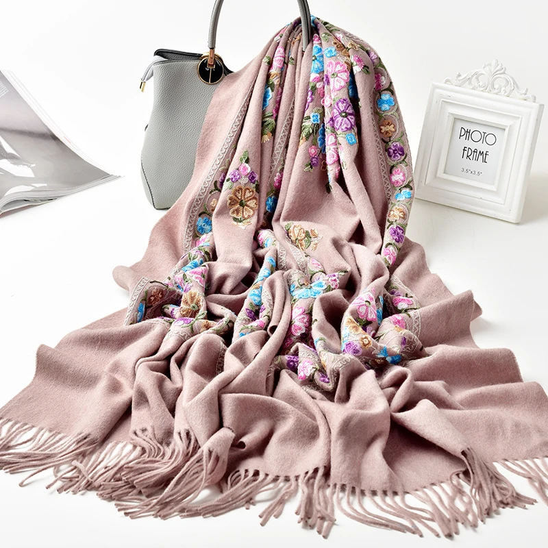 Winter Sheep Wool Scarf Women Flower Embroidery Solid Autumn Shawls Wraps for Ladies Tassels Warm Thick Large Scarves |