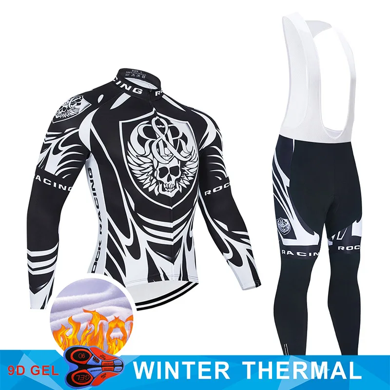 

2021 Rock Racing Winter Cycling Jersey Bib Set MTB Bicycle Clothing Bike Clothes SKULL Thermal Fleece Men's Long Cycling Wear