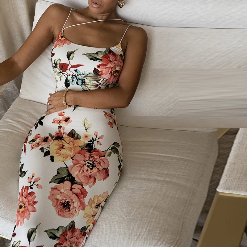 

New 2022 ins Floral Midi Dress Women Sexy Spaghetti Straps Backless Bodycon Party Dresses Summer Slim Fit Print Long Dress