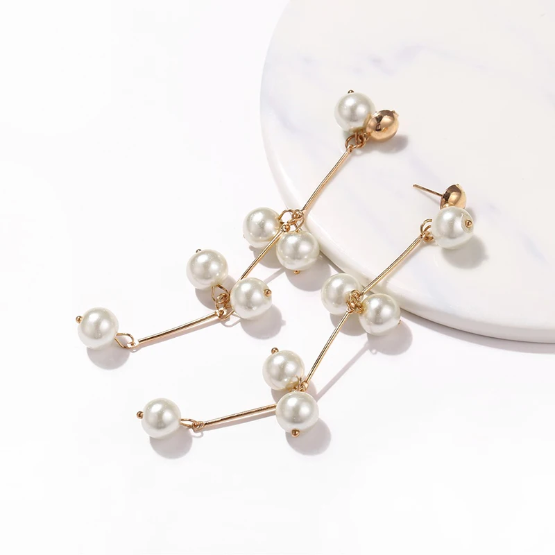 Trendy Elegant Simulated Pearls Long Dangle Earrings For Women Jewelry Pearls String Statement Drop Earrings Wedding Party Gift