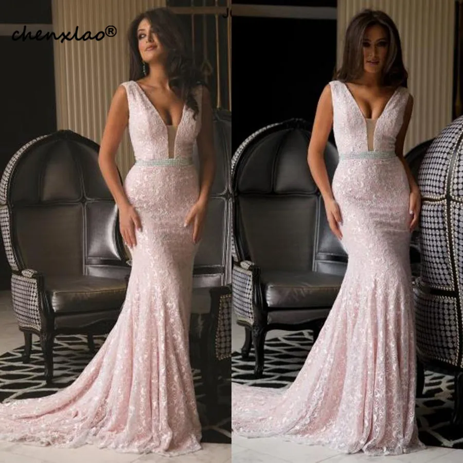 

Sexy Deep V Neck Mermaid Evening Dress Long Arabic Pink Lace Formal Dresses Evening Wear Beading Sweep Train