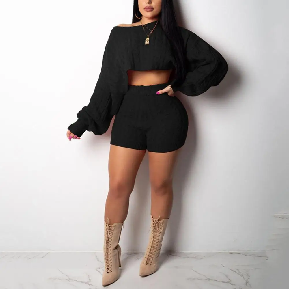 

2Pcs Set Women O Neck Crop Top Twist Knit Pullover Sweater Short Pants Warm Outfit Sets Tracksuit