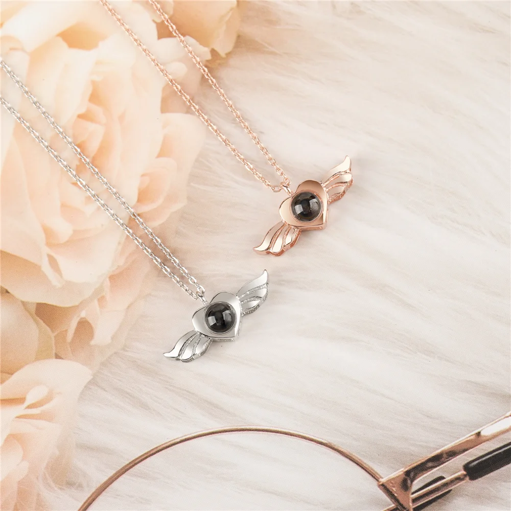 Custom Photo Necklace Angel Wing Pendant 100 Languages I LOVE YOU Necklace Personalized Projection Necklace Love Memory Jewelry