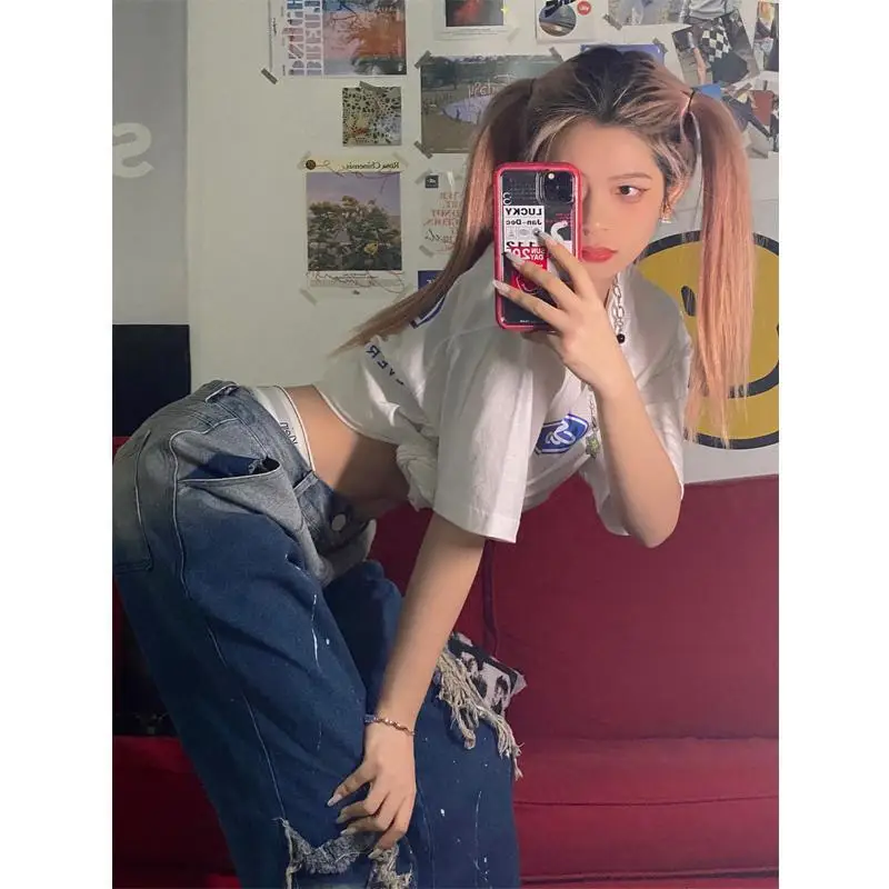 

Y2K Hot girl Love Patchwork Blue jeans Women Fashion Gradient Straight loose high waist streetwear Hip hop Denim Pants Oversize