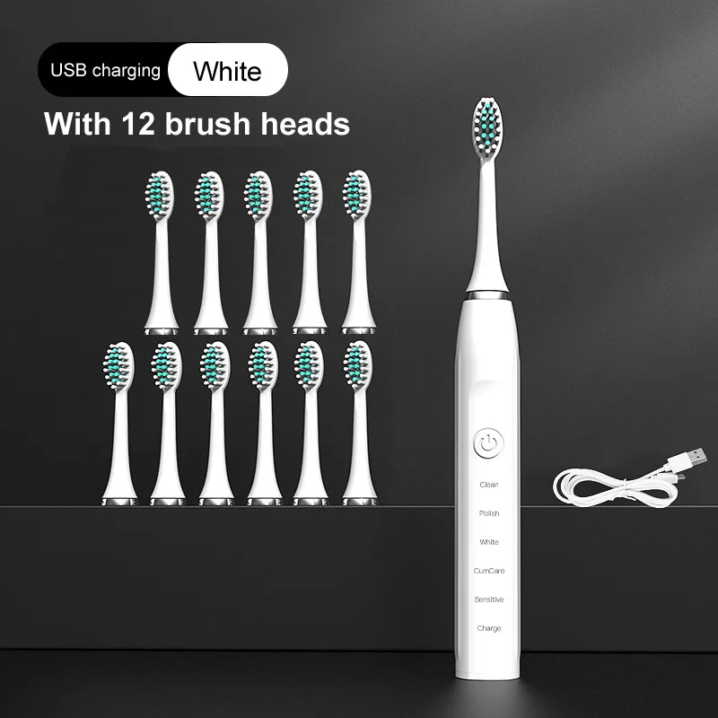 

Electric Sonic Toothbrush Adult Timer Brush 5 Mode USB Charger Rechargeable Tooth Brushes Replacement 12 Toothbrush Heads Set