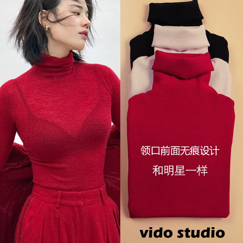 

Красный с высоким горлом сужающаяся к талии футболка для женщин тонкий плотный шерстяной свитер с длинными рукавами свитер черный ультра-т...