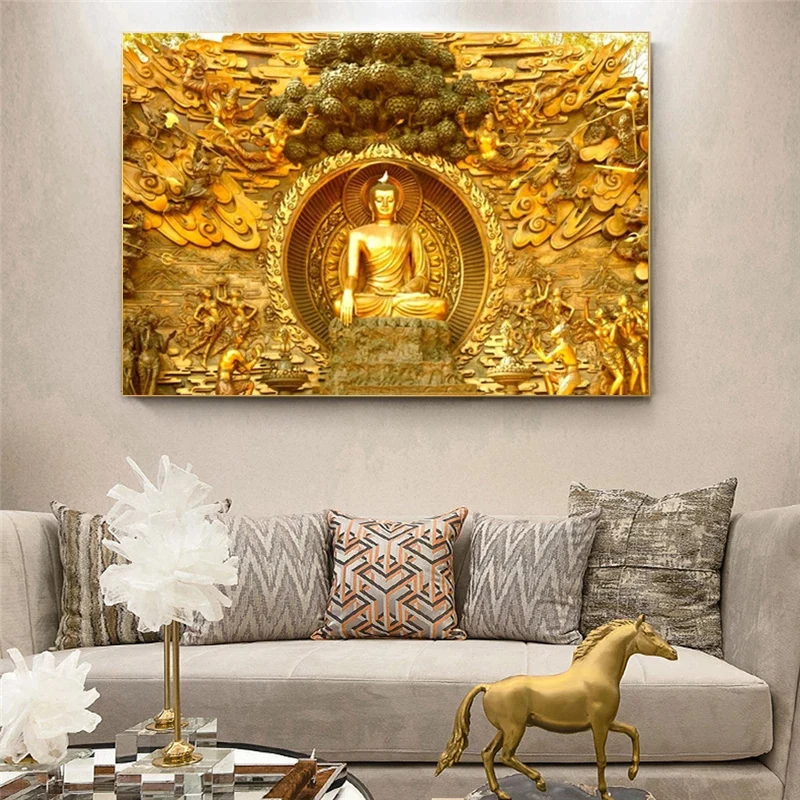 

Golden Lord Buddha Oil Paintings Print on Canvas Religious Posters and Prints Cuadros Wall Art Pictures For Living Room Decor