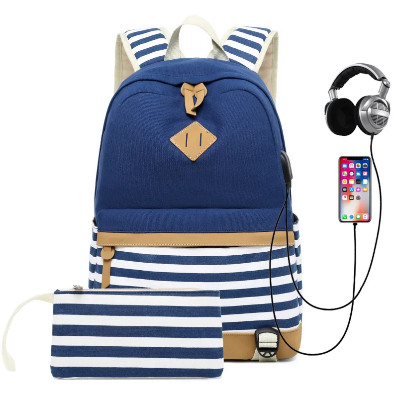 blue Рюкзак из парусины в полоску, сумка для компьютера, зарядка через usb, Двухсекционный рюкзак, подходит для учеников начальной и средней школы - Цвет: blue