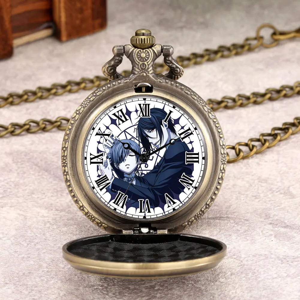 

Dark Deacon Theme Japanese Anime Male Pocket Watch Vintage Brass Fine White Number Dial Useful Alloy Thick Chain Pendant Female