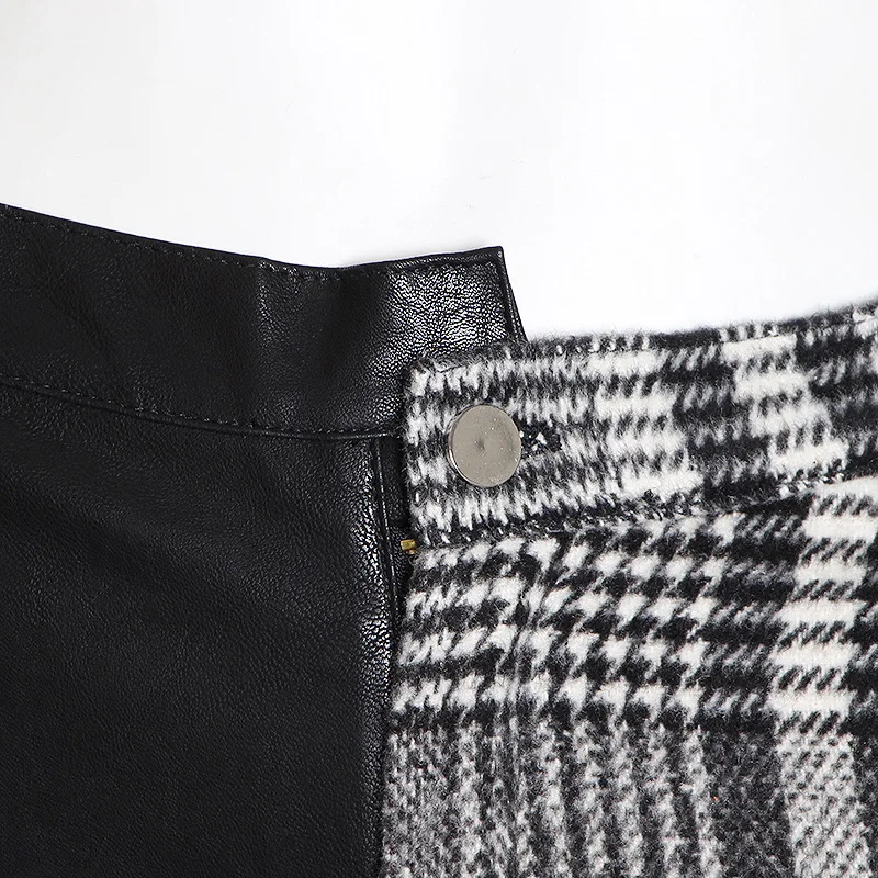 2020 New Color Contrast Plaid Women's Cropped Trousers PU Leather Asymmetrical Slim High Waist Women's Straight Casual Pants