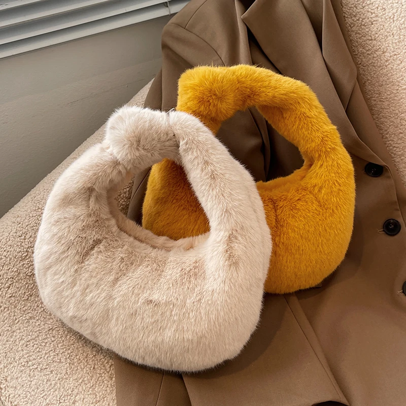 

Модные роскошные женские сумочки с полумесяцем из искусственного меха, дизайнерские дамские сумочки, пушистые мягкие плюшевые теплые зимн...