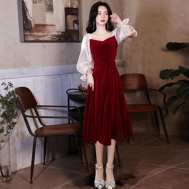 

Burgundy Velour Elegant V-Neck Evening Party Dress Women Autumn Winter Slim Long A-Line Dresses Exquisite Beading Banquet Gown