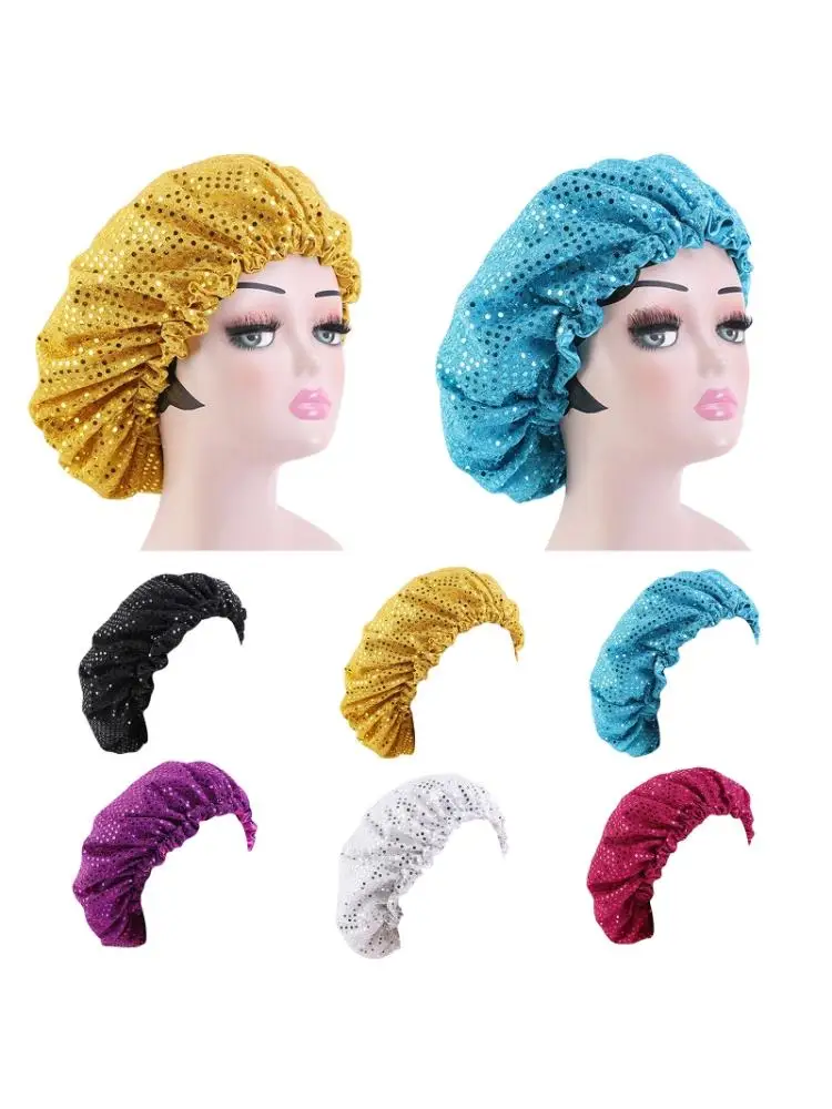 

Women Satin Lining Bonnet Sleep Cap Glitter Sequins Adjustable Muslim Turban Hat 77HE