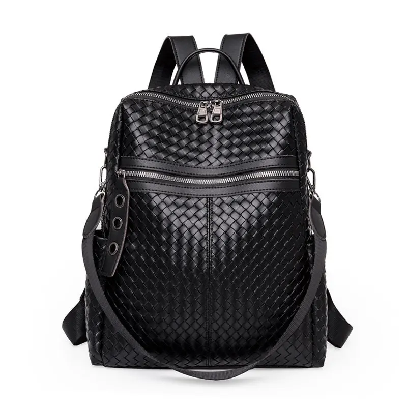 

Fashion Backpack Women 2021 New Large Capacity Woven Pattern PU Leather Bagpack Big High Quality Ladies Leisure Travel Bag Pack