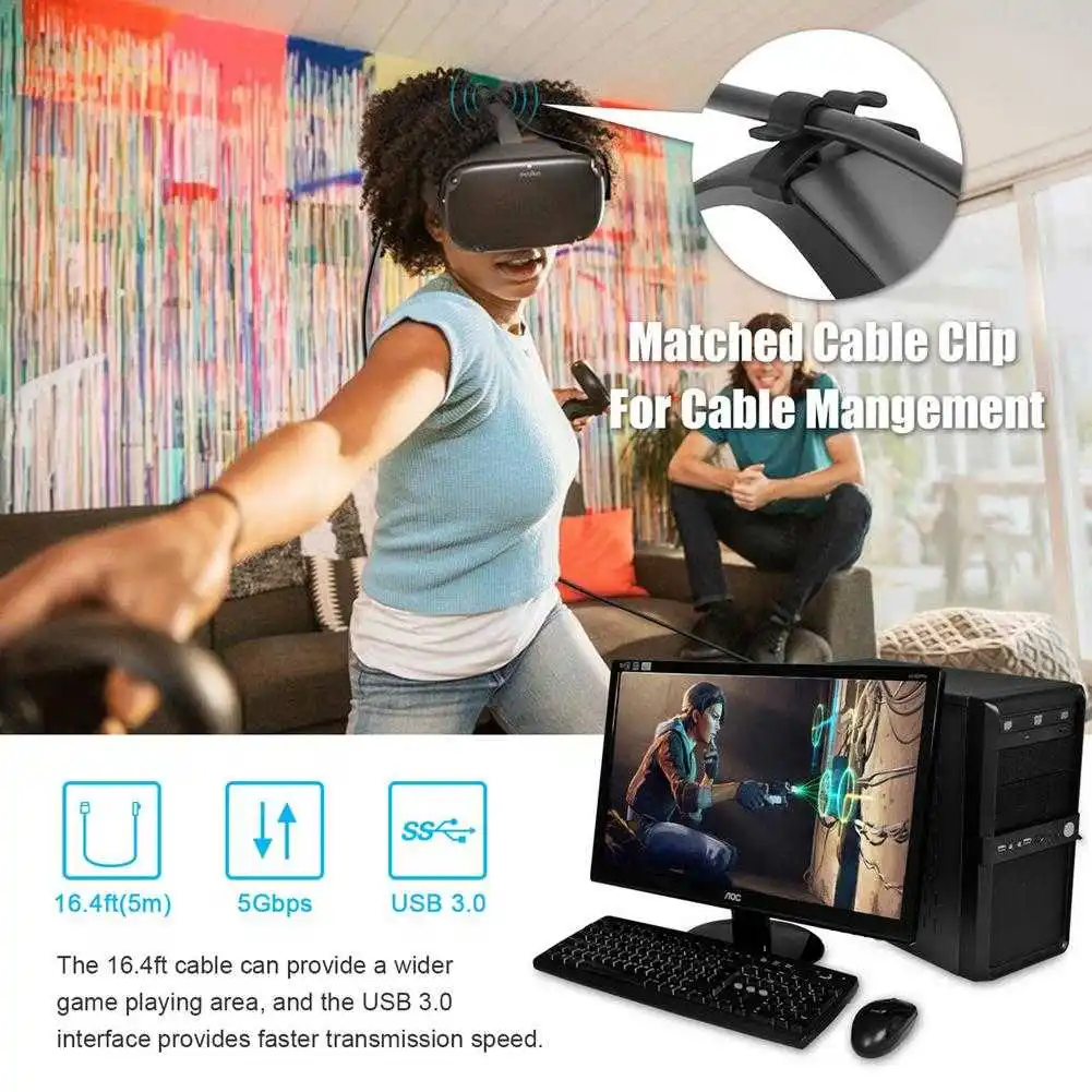 

Vr Accessoires Voor Oculus Quest 1/2 Link Vr Headset Datakabel Oplaadkabel Usb 3.1 Type C Data Transfer USB-A type-C Kabel 5M