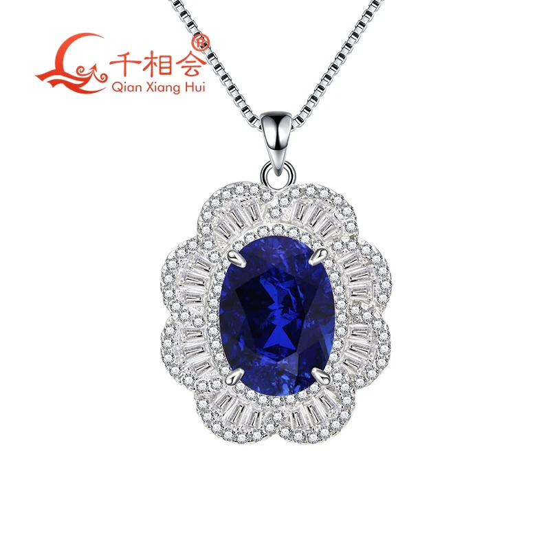 Ожерелье из серебра 925 пробы с искусственным синим сапфиром и основным камнем 10*14