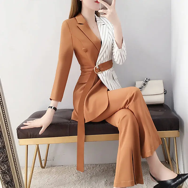 

2021 Autumn Elegant Patchwork Women Pant Suits Slim Stripe Jacket & High Waist Trousers Vintage Female Blazer Set Y376