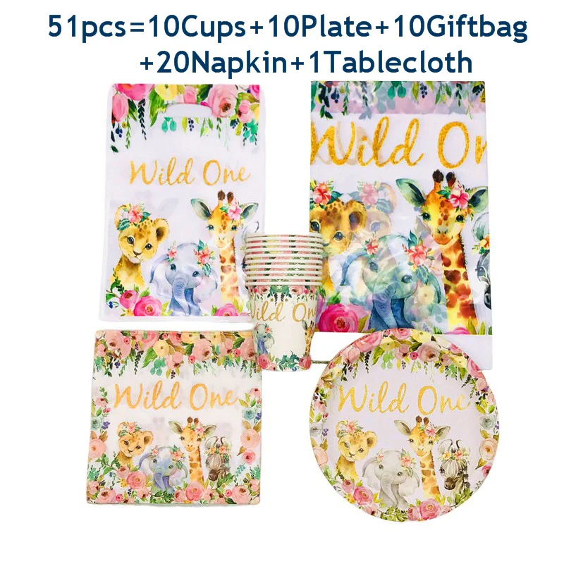 

Набор одноразовой посуды в стиле джунглей для дня рождения, бумажные тарелки, флаги, кружки, салфетки для девочек, Розовый Праздничный декор...