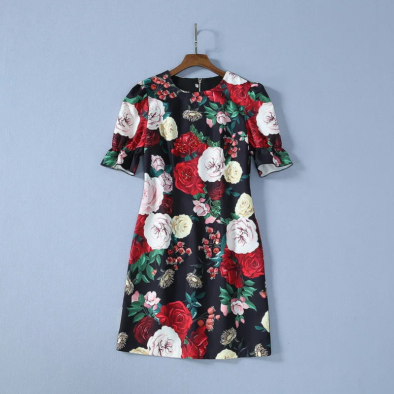 

2020 Summer Runways high quality women beading short sleeves dress Fashion Floral print elegant dress C106