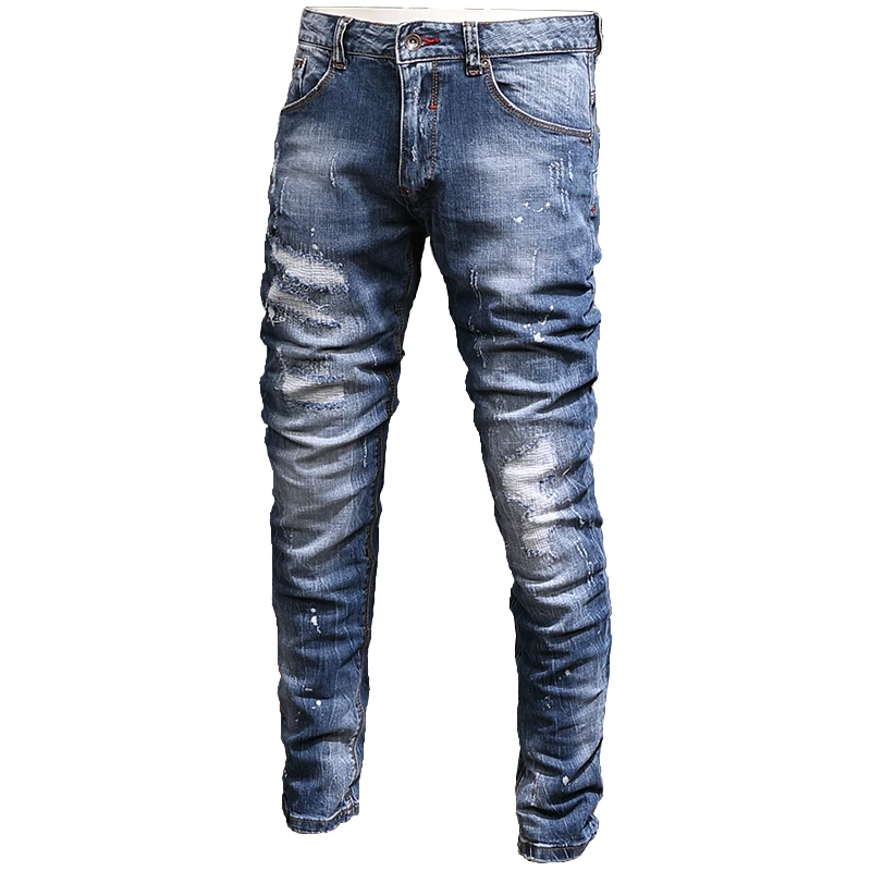 Mens Stretch Blue Ripped Jeans Men Casual Straight Leg Slim Fit Pants Streetwear Cotton Denim Trousers