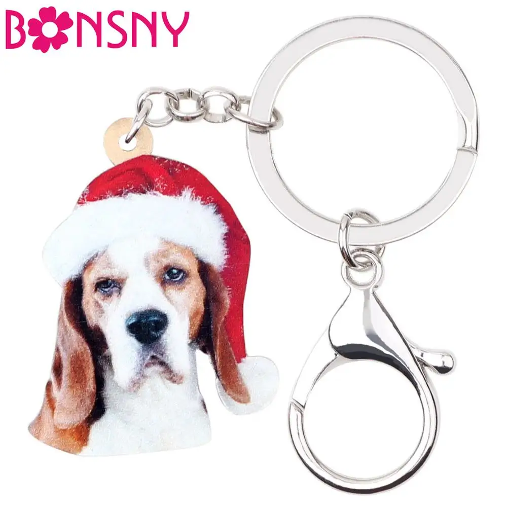 

Bonsny Acrylic Christmas Basset Hound Dog Key chains Key Ring Bag Car Purse Pets Jewelry For Women Girl Charm Gift Hot Sale 2019