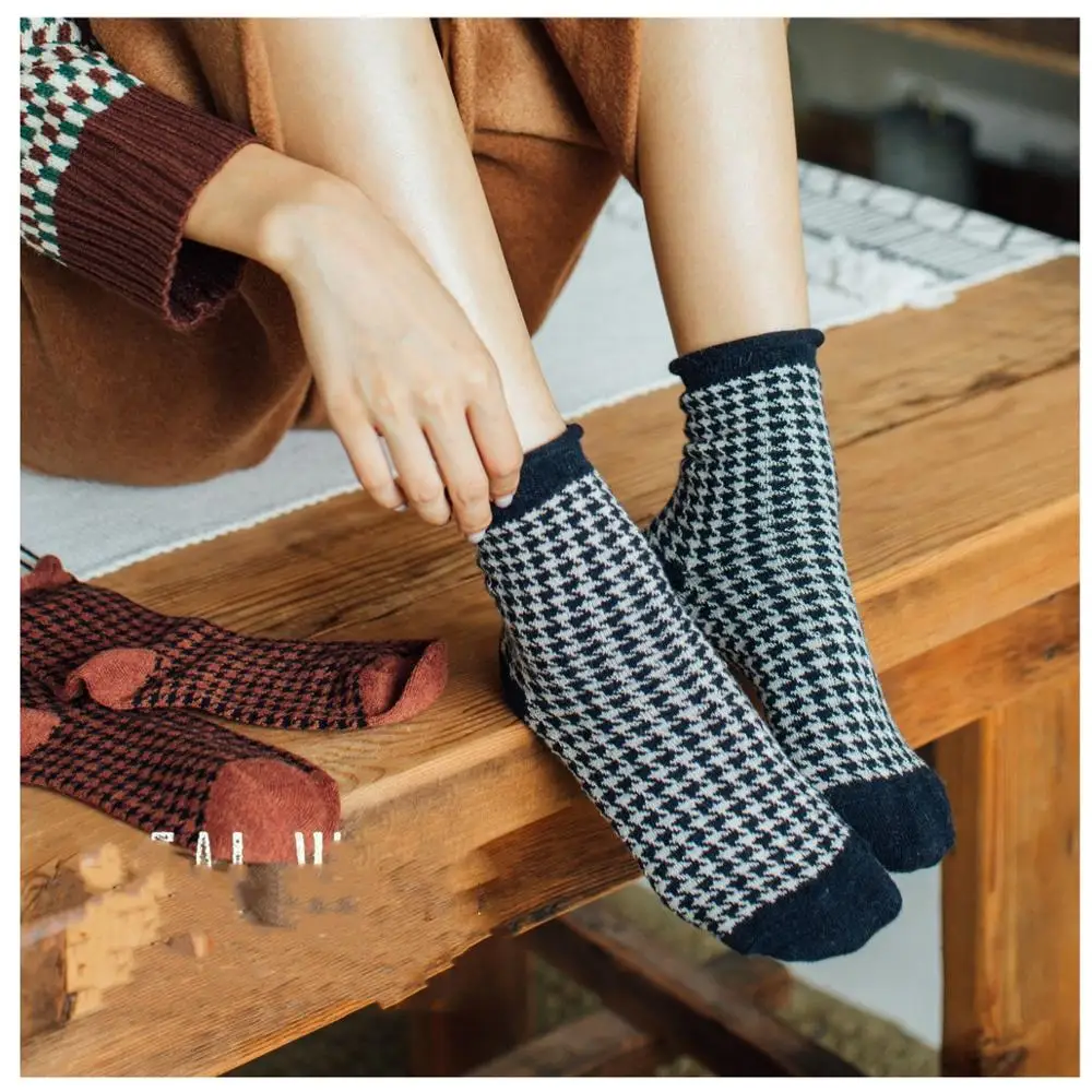 Woman Solid Jacquard Wool Houndstooth Socks Girls Animal Warm Winter Socks Ankle Socks Rust Mustard Grey Crew Sock 4/5Pairs/ lot