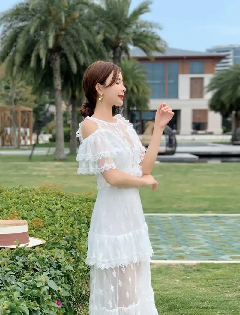 

Elegant Print Dress Short Sleeve Vintage Boho Summer Ruffle Solid White Dresses Women Floral A-Line Sexy 2021 Lace Party Mesh