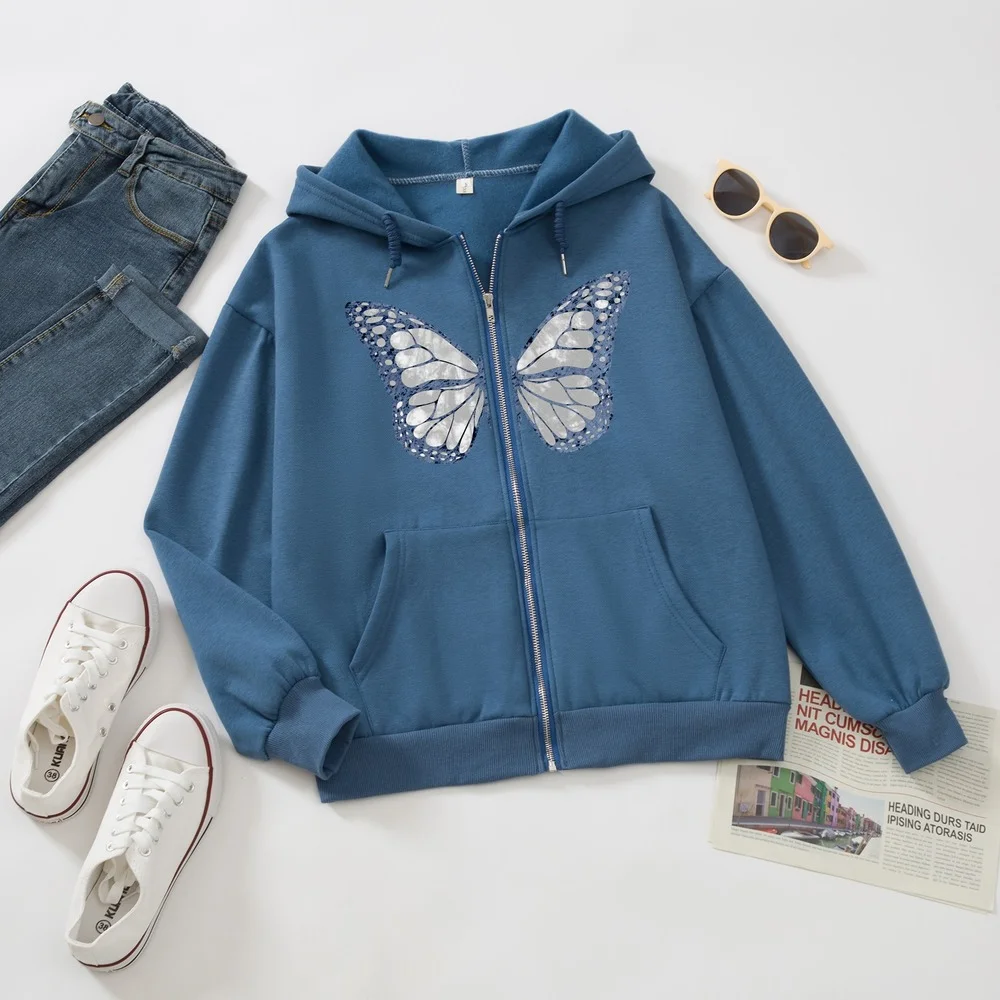

Толстовка осенне-зимняя, темно-синяя, на молнии, с принтом бабочек
