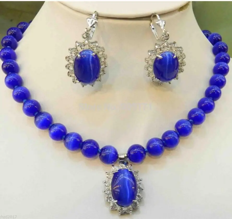 

Free Shipping Sapphire Blue Mexican Opal Round Beads Gems Pendant Necklace Earring Set 18"