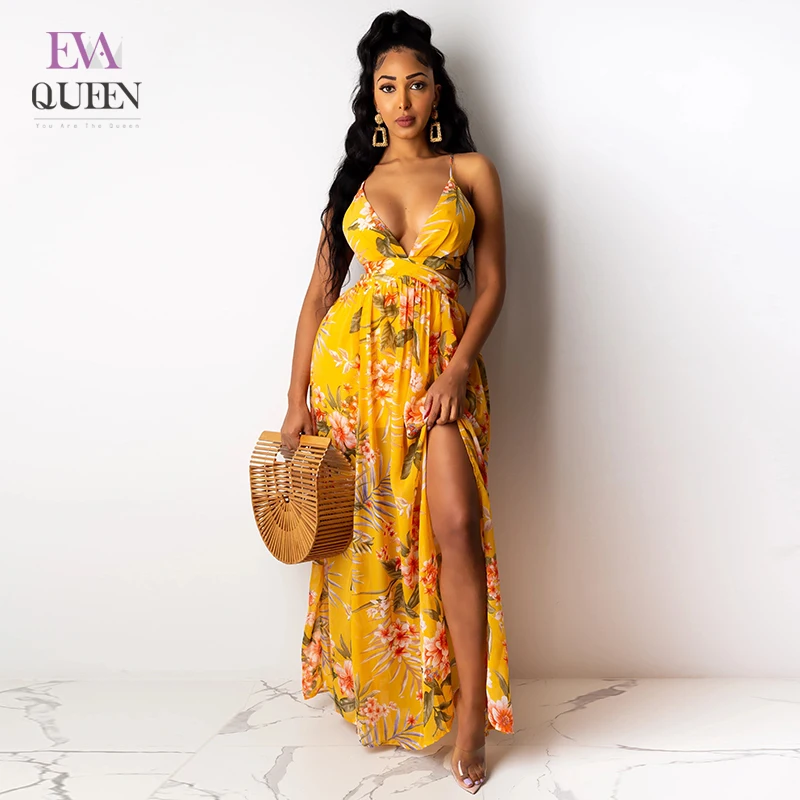 

EvaQueen Print Colorful Ruched Maxi Dress Women High Waist Lace Up Elegant Loose Dresses Backless V Neck Soft Sexy Party Vestido