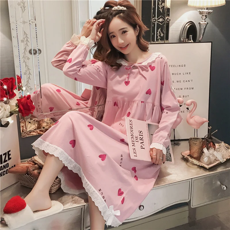 

Korean Pajamas Women's Spring and Autumn Nightdress Pregnant Women's Pure Cotton Hot Fashionable Stylish Long below the