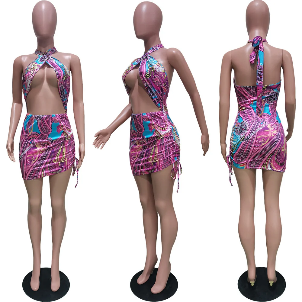 

Women Sexy Wrap Mini Dress Paisley Bandanna Print Summer Off The Shoulder Backless Sheath Dress Fashion Halter Birthday Outfits
