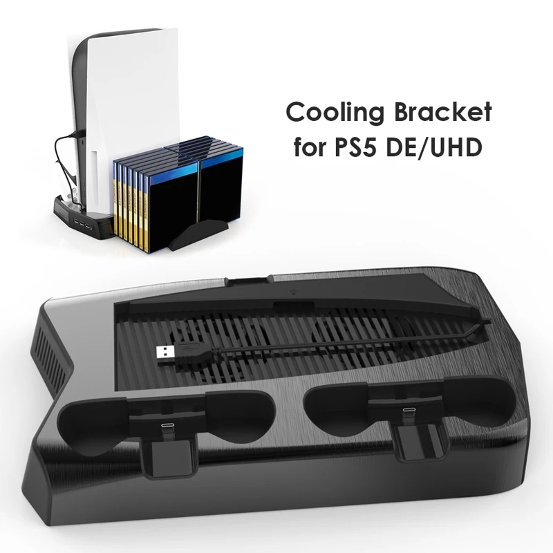 

For PS5 Vertical Cooling Fan Stand Digital Edition with 14 Game Slot 3 Hub Port Dual Controller Charging Station Charger for PS5