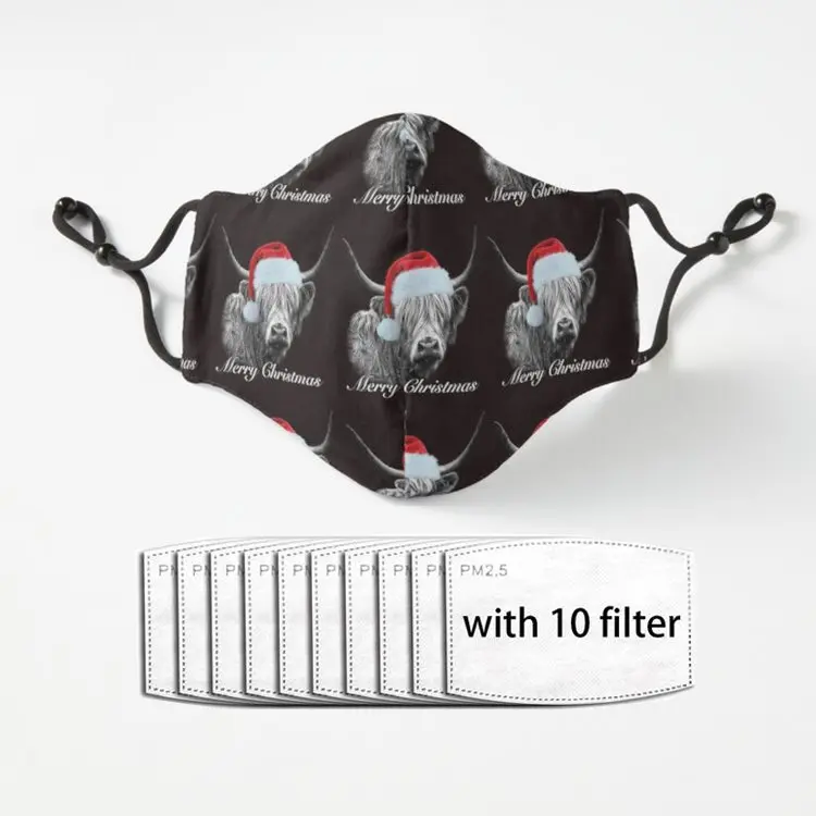 

Christmas Highland Cow Portrait Unisex Mask Adjustable Luxury Polyester Face Mouth Mask With Filter Mascarillas