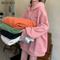 fleece lined thickened hooded sweatshirt womens 2021 autumn winter lazy style pink hoodie baggy coat autumn new embroidered top