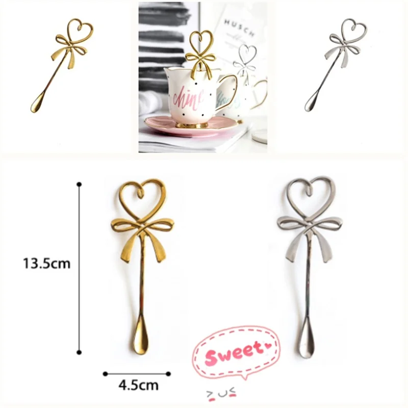 Новая 3D Мини кофейная чайная ложка в форме сердца с бантиком десертная подвесная