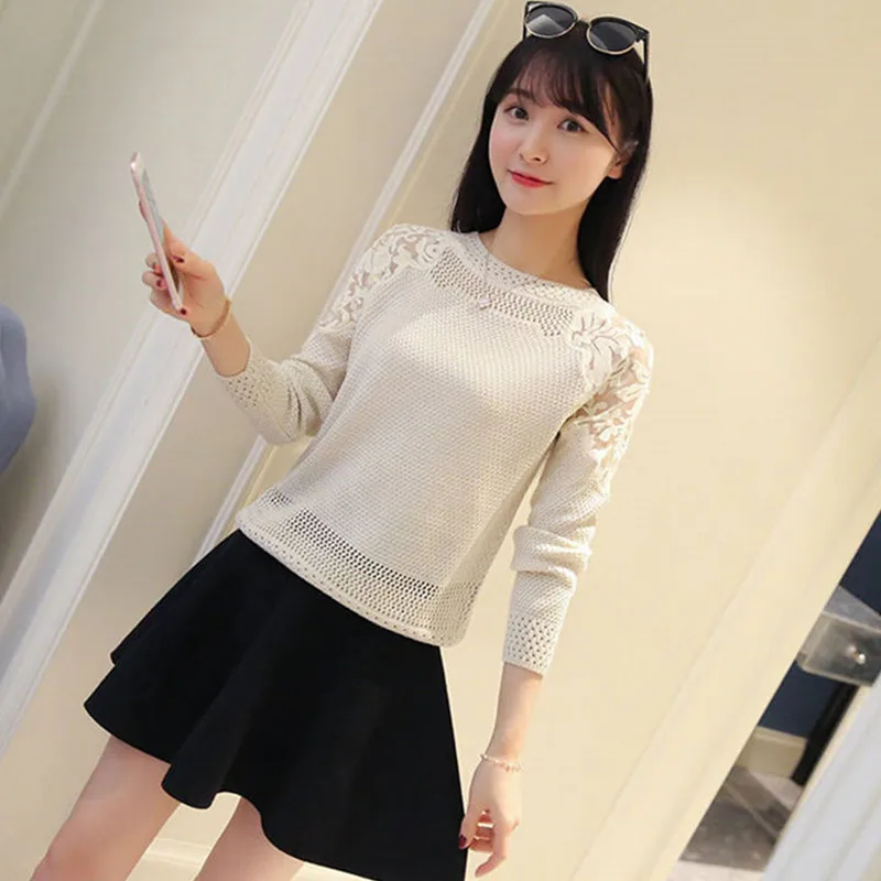 UHYTGF Knitted pullover sweaters women Fashion hollow lace short tops beaded long sleeves thin Spring autumn Sweater female 532 | Женская