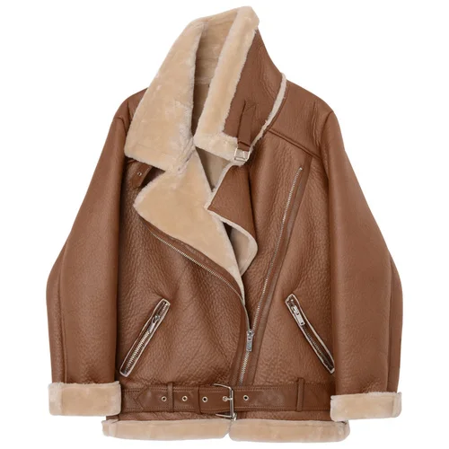 

Winter Women Sheepskin Jackets Fur Collar Zipper Parka Warm Thick Outerwear Faux Lamb Leather Jacket Oversized Coat