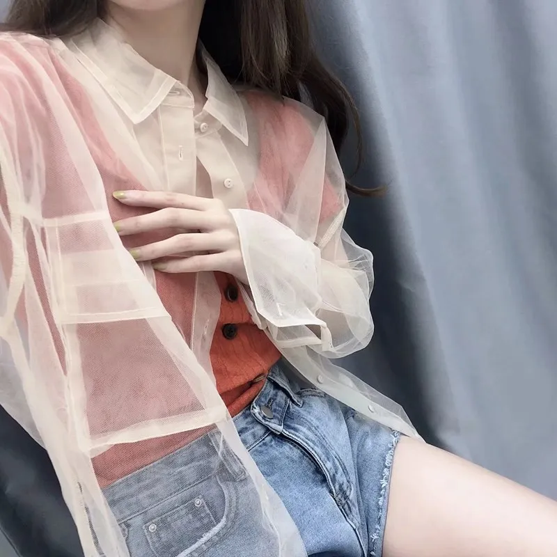 Модная женская бежевая прозрачная блузка с отложным воротником сетчатая рубашка