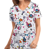 women casual nurse uniform shirts short sleeve v neck tops working uniform cartoon print blouse clothes plus size women clothing