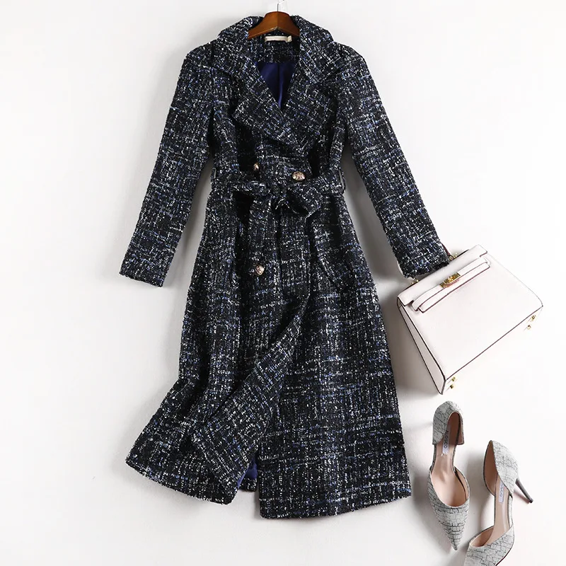 Женское длинное твидовое шерстяное пальто с отложным воротником двубортное